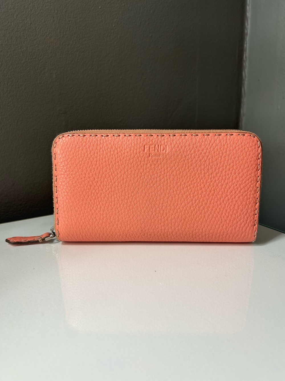 Fendi Coral Pink Selleria Leather Zippy Wallet